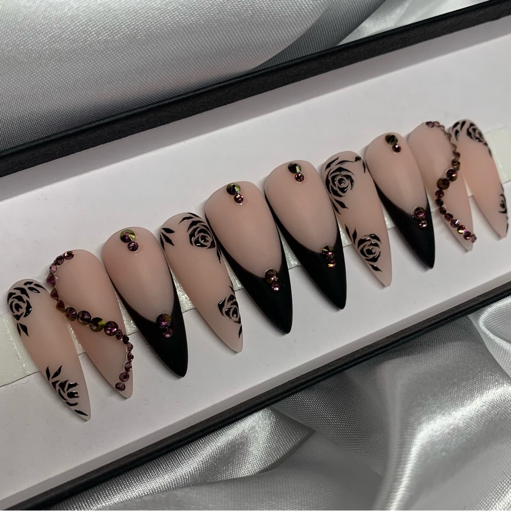 Black Matte French Rose & Swarovski Press On Nails